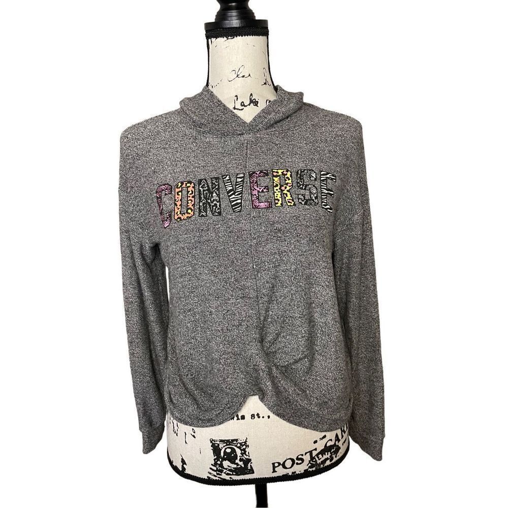 Converse Hoodie Kids Large Gray Excellent Animal Print Logo Twist Front Pullover
